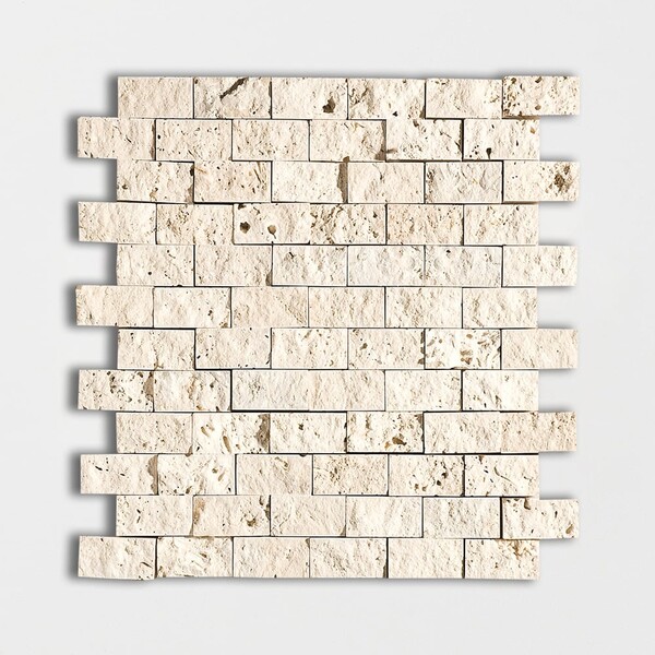 Ivory Rock Face 1×2 Travertine Mosaic 12 5/8×12 5/8 Image