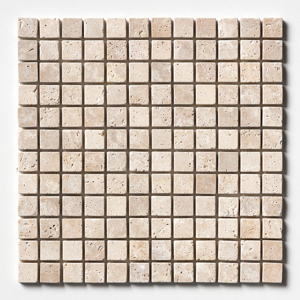 Ivory Tumbled 1×1 Travertine Mosaic 12×12 Image