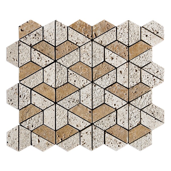 Walnut Dark Textured 3d Hexagon Travertine Mosaic 10 3/8×12 Image