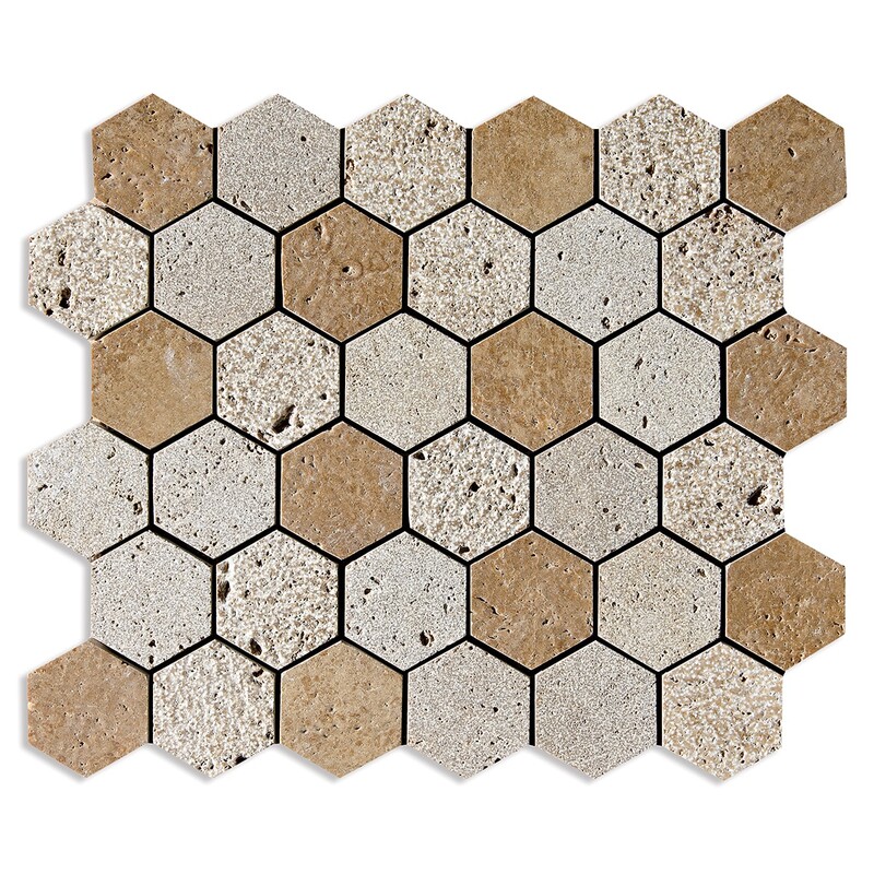 Walnut Dark Textured Hexagon Travertine Mosaic 10 3/8x12