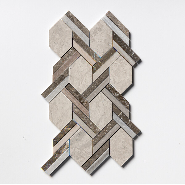 Britannia, Skyline, Silver Drop Multi Finish Braided Hexagon Marble Mosaic 9 11/16×16 7/16 Image