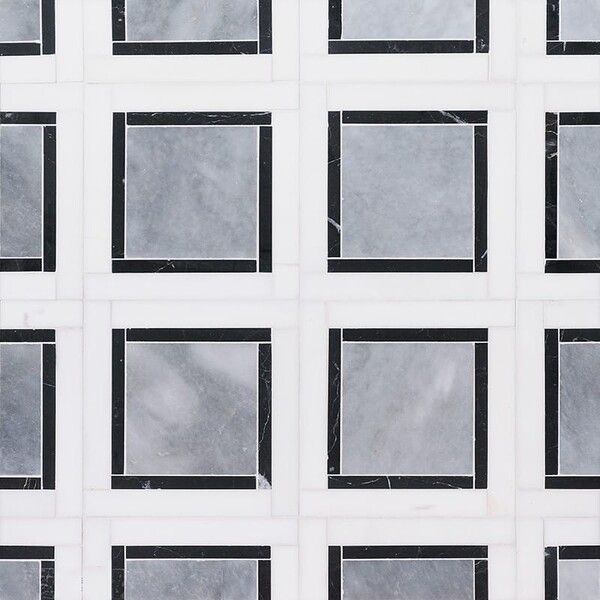 Snow White, Black, Allure Polished Cambridge Marble Mosaic 12 7/8×12 7/8 Image
