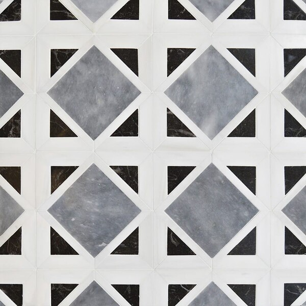 Snow White, Black, Allure Polished Kent Marble Mosaic 13 9/16×13 9/16 Image