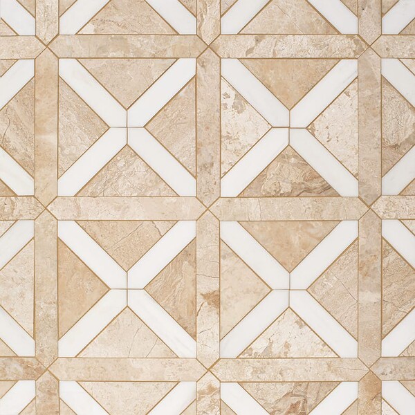 Diana Royal, Snow White Honed Large Lattice Marble Mosaic 13 7/8×13 7/8 Image