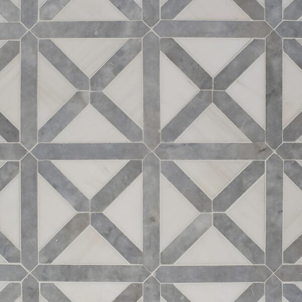 Avenza, Snow White Honed Large Lattice Marble Mosaic 13 7/8×13 7/8 Image