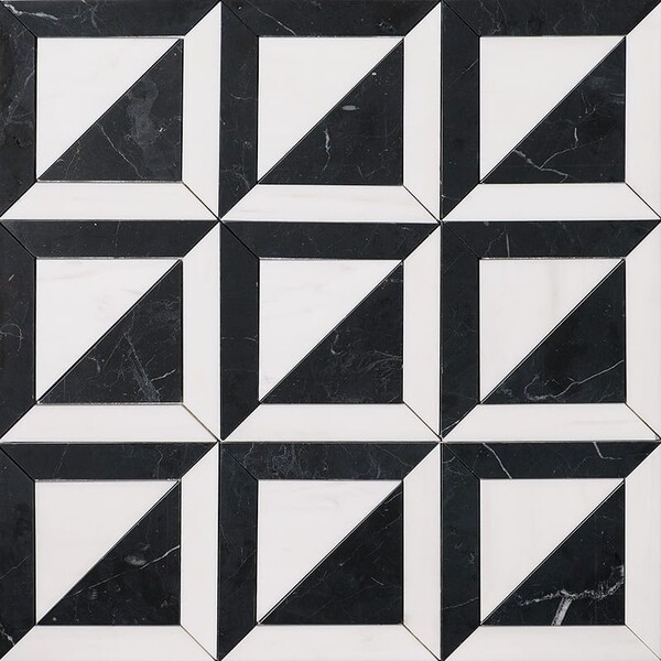 Black, Snow White Honed York Marble Mosaic 11 15/16×11 15/16 Image