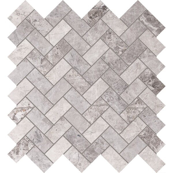New Tundra Gray Polished Herringbone Marble Mosaic 12 1/8×13 3/8 Image