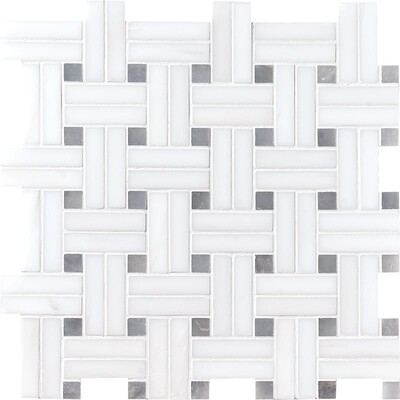 Snow White Cilalı Diagonal Basket Weave  Mermer Mozaik 12x12
