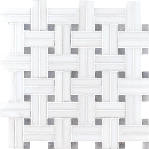 Snow White Polished Diagonal Basket Weave Marble Mosaic 12×12 Image