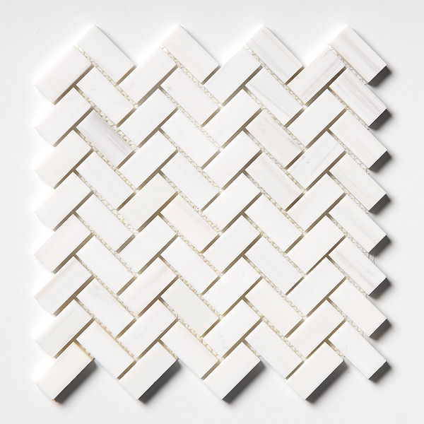 Bianco Dolomiti Classic Polished Herringbone Marble Mosaic 12 1/8×13 3/8 Image