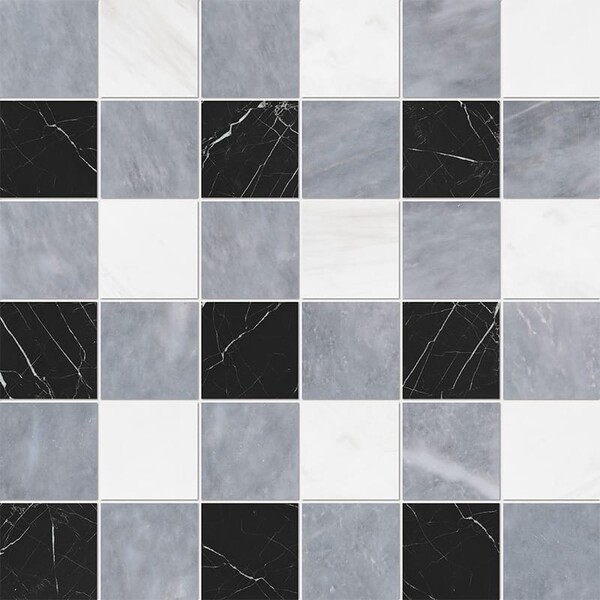 Allure Light, Snow White, Black Honed 2×2 Marble Mosaic 12×12 Image