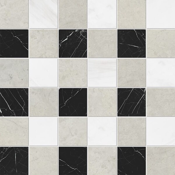Britannia Light, Snow White, Black Honed 2×2 Marble Mosaic 12×12 Image