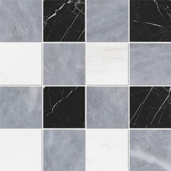 Allure Light, Snow White, Black Honed 4×4 Marble Mosaic 16×16 Image