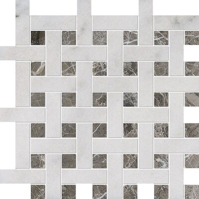Avalon, Silver Drop Polished Basket Weave 1x3 Marble Mosaic 12 5/8x12 5/8