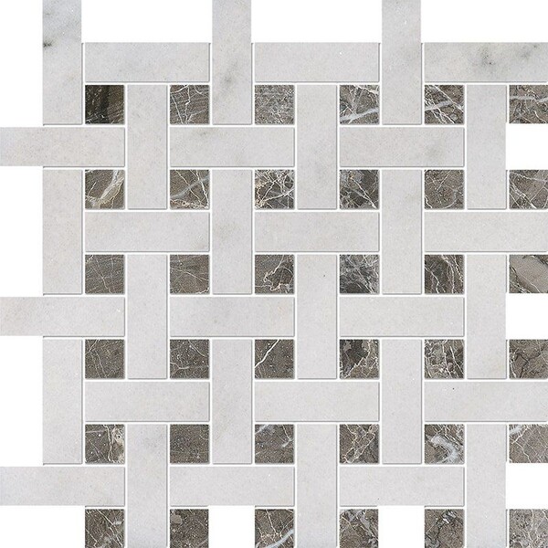 Avalon, Silver Drop Polished Basket Weave 1×3 Marble Mosaic 12 5/8×12 5/8 Image