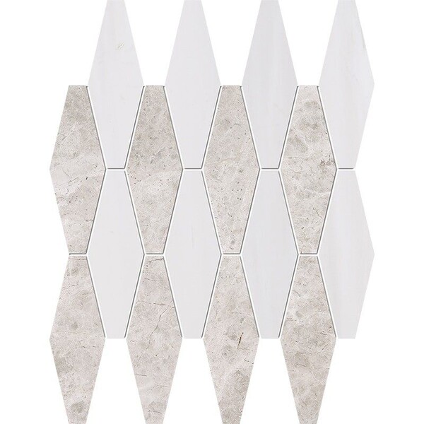 Silver Clouds, Snow White Multi Finish Rhomboid Blend Marble Mosaic 11×14 15/16 Image