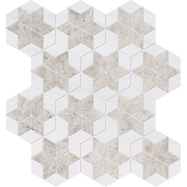 Silver Clouds, Snow White Multi Finish Stars Marble Mosaic 14 3/16×14 15/16 Image