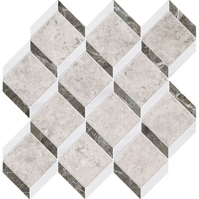 Silver Clouds, Snow White, Arctic Gray Multi Finish Steps 3d Marble Mosaic 14 9/16x14 15/16