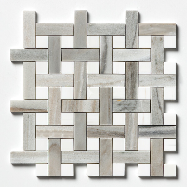 Skyline, Snow White Polished Basket Weave 1×3 Marble Mosaic 12 5/8×12 5/8 Image