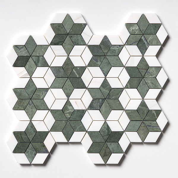 Verde Capri, Snow White Multi Finish Stars Marble Mosaic 14 3/16×14 15/16 Image
