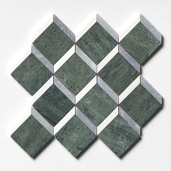Verde Capri, Snow White, Allure Honed Steps 3d Marble Mosaic 14 9/16×14 15/16 Image