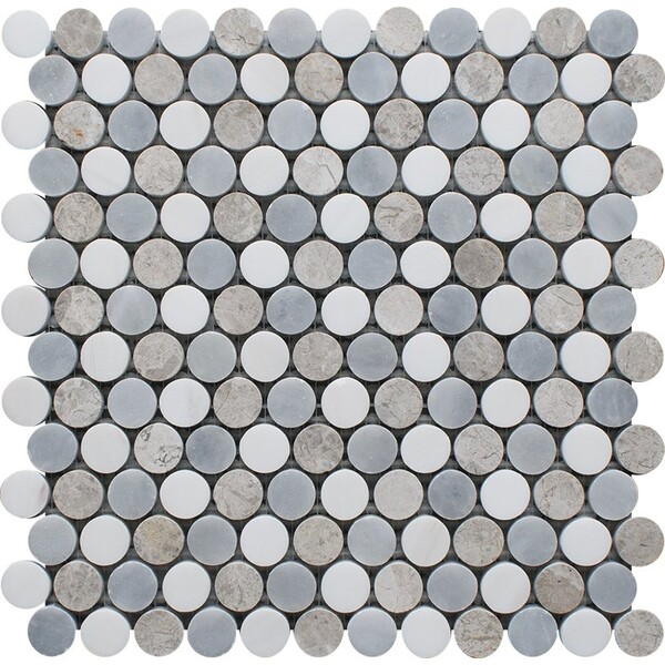 Snow White, Silver Shadow, Allure Light Multi Finish Penny Round 6 Marble Mosaic 10 1/16×11 13/16 Image