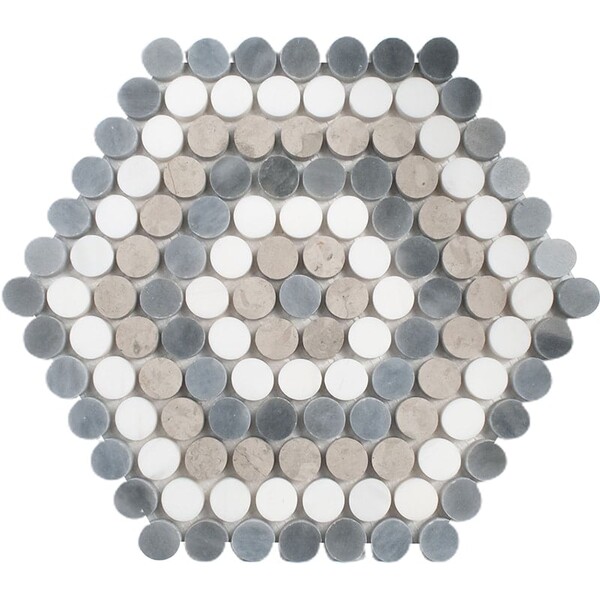Snow White, Allure Light, Britannia Honed Penny Round 8 Marble Mosaic 9 1/4×9 29/64 Image