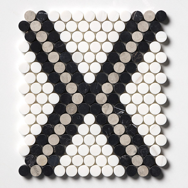 Black, Britannia, Snow White Honed Penny Round Diamond 1 Marble Mosaic 11 27/64×10 15/64 Image