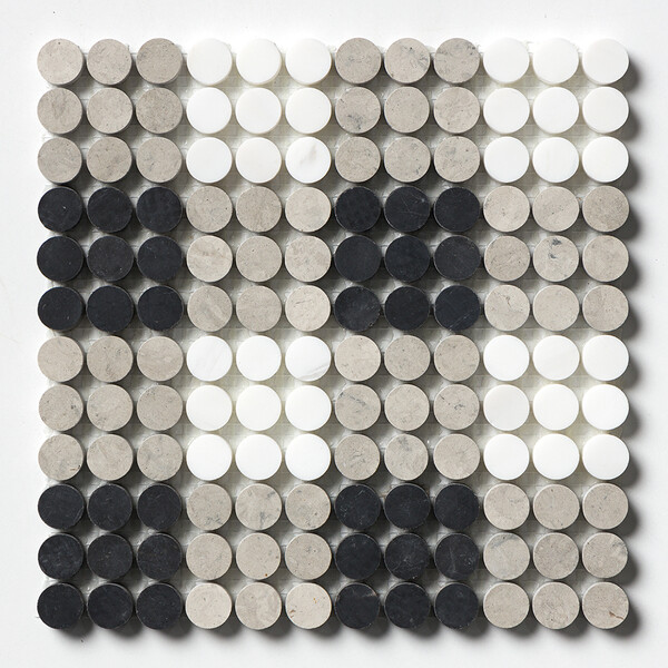 Black, Britannia, Snow White Honed Penny Round Plaid 1 Marble Mosaic 9 27/32×9 27/32 Image
