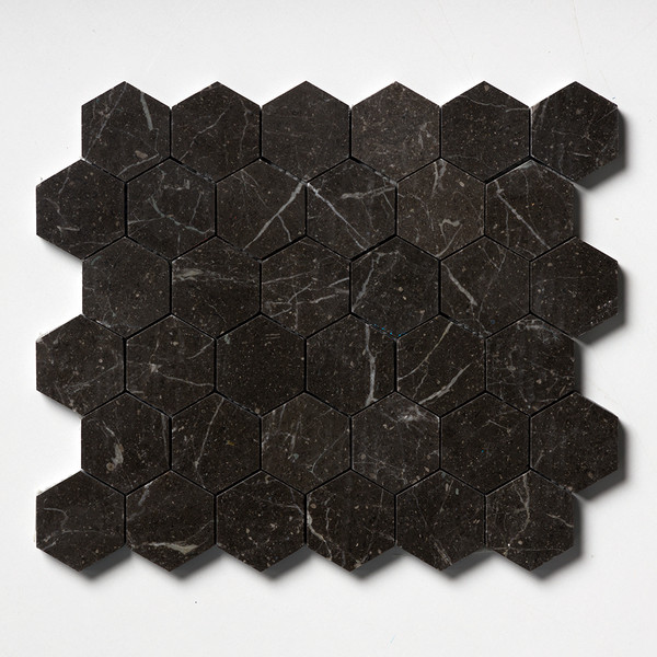Iris Black Honed Hexagon Marble Mosaic 10 3/8×12 Image