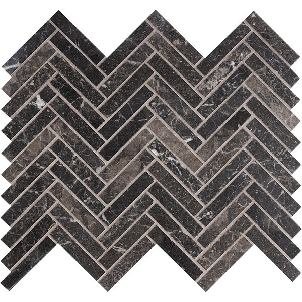 Iris Black Honed Herringbone Marble Mosaic 12 1/8×13 3/8 Image