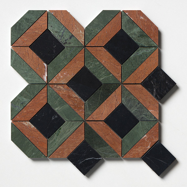 Mosaico de mármol Verde Capri, Rojo Laguna y Negro Ella Pulido, imagen de 12 5/8×12 5/8