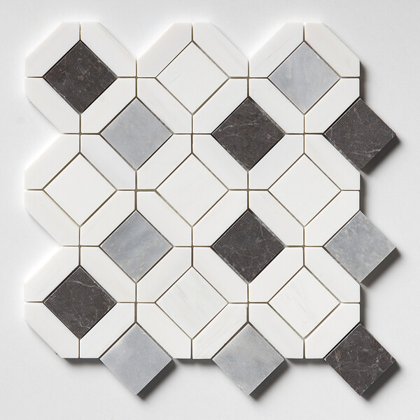 Allure L, Iris Black, Bianco Dolomiti Cl Honed Louna Marble Mosaic 12 5/8×12 5/8 Image
