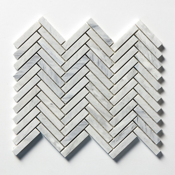 Carrara Blend Honed Herringbone 5/8×3 Marble Mosaic 10 7/16×12 13/16 Image