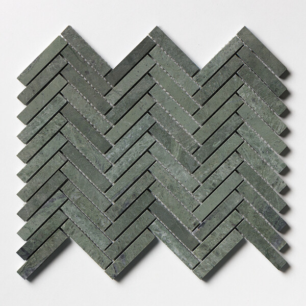 Verde Tia Honed Herringbone 5/8×3 Marble Mosaic 10 7/16×12 13/16 Image