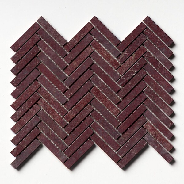 Red Bordeaux Honed Herringbone 5/8×3 Marble Mosaic 10 7/16×12 13/16 Image