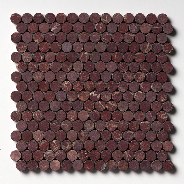 Red Bordeaux Honed Penny Round Marble Mosaic 11 1/4×11 3/4 Image