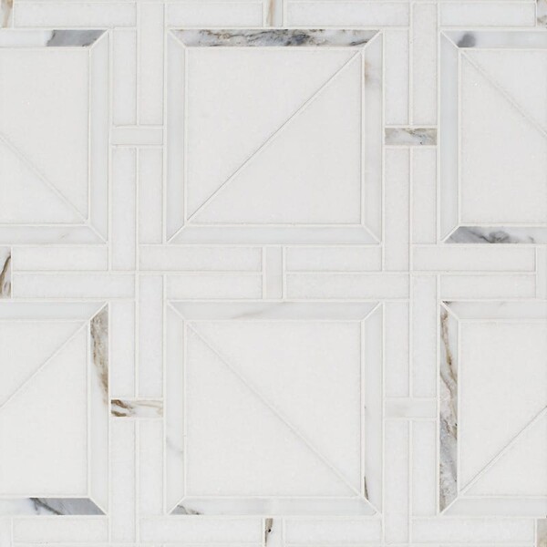 Thassos White, Calacatta Gold Honed Magra Lattice Marble Mosaic 11 11/16×11 11/16 Image
