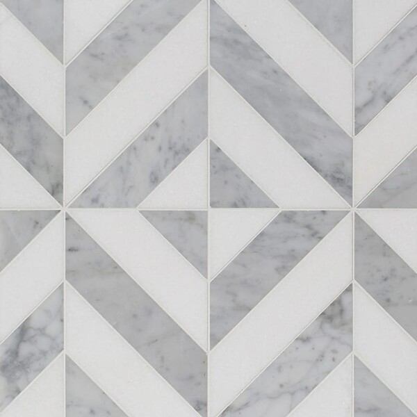 Thassos White, White Carrara Multi Finish Marina Chevron Marble Mosaic 8×8 1/16 Image