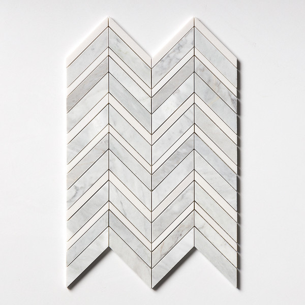 Avenza, Aspen White Multi Finish Chevron Fusion Marble Mosaic 16×11 7/8 Image