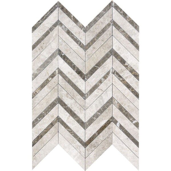 Silver Drop, Silver Shadow Multi Finish Chevron Fusion Marble Mosaic 16×11 7/8 Image