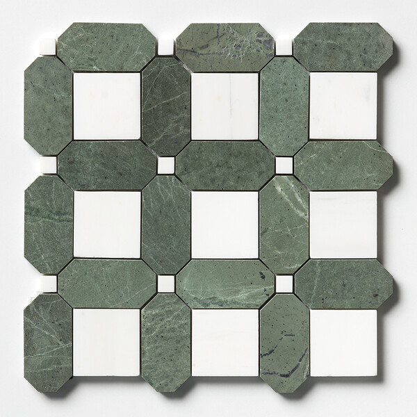 Snow White, Verde Tia Honed Octa Marble Mosaic 10 15/16×10 15/16 Image
