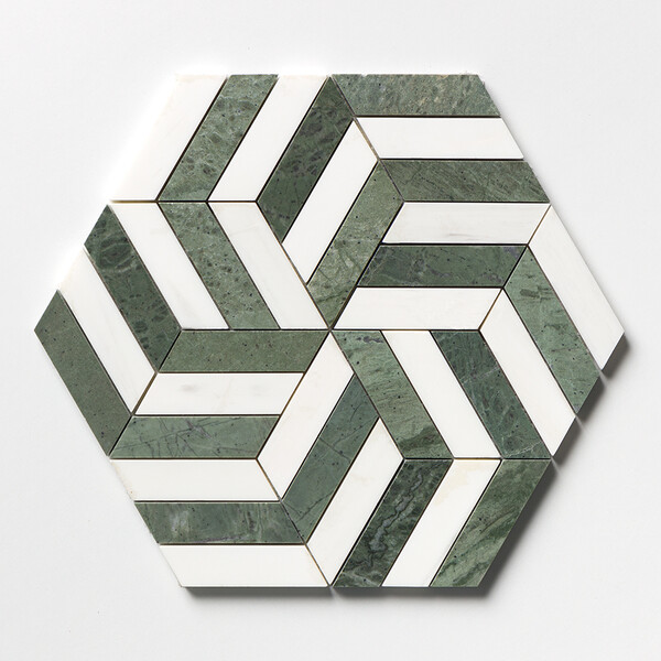Snow White, Verde Tia Honed Windmill Marble Mosaic 11 3/4×13 9/16 Image