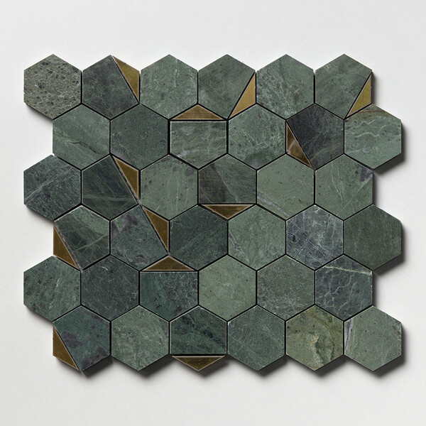 Brass, Verde Tia Honed Hexan Marble Mosaic 10 1/4×11 3/4 Image