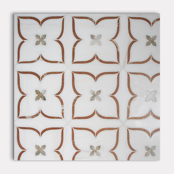 Celine Snow White, Calacatta Green, Red Laguna Multi Finish Marble Waterjet Decos 13 3/16×13 3/16 Image