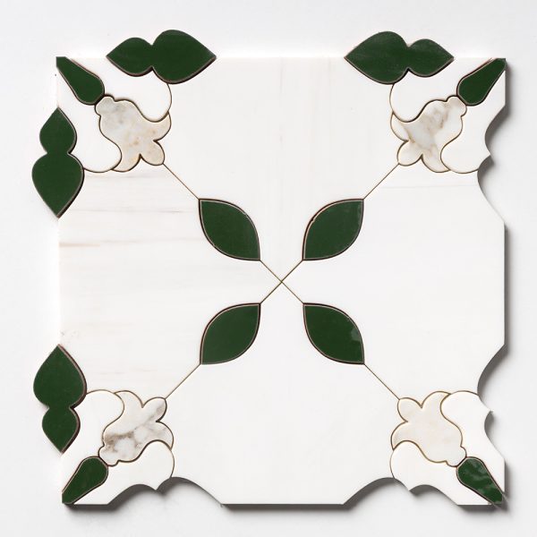 Snow White, Calacatta Green, E1620 Polished Esme Waterjet Marble Mosaic 13 3/4×13 3/4 Image
