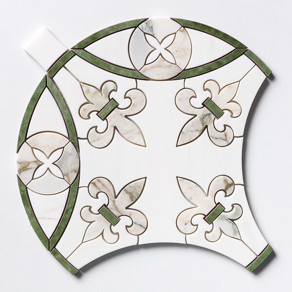 Quincy Calacatta Green, Snow White, E1620 Polished Marble Waterjet Decos 15×16 11/16 Image