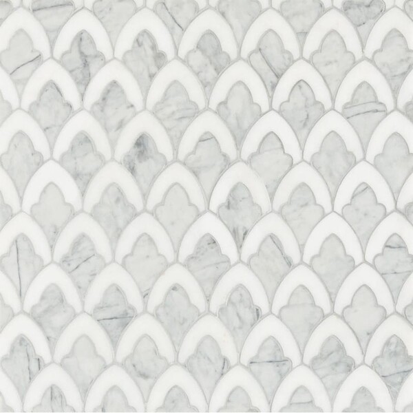Sophia Afyon White, Avenza Dark Multi Finish Marble Waterjet Decos 8 3/4×13 1/2 Afbeelding