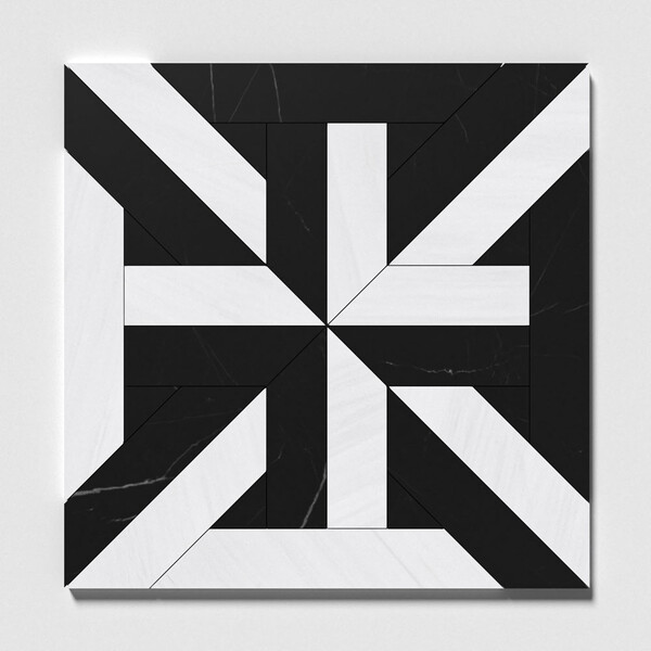 Rubicon Black, Snow White Honed Marble Waterjet Decos 17×17 Image