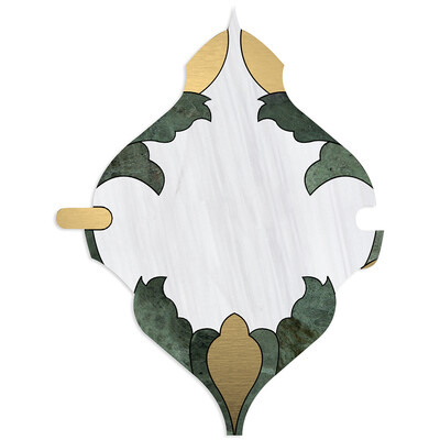 Snow White, Brass, Verde Tia Honed Floral Arabesque Marble Mosaic 8 3/16x11 13/16